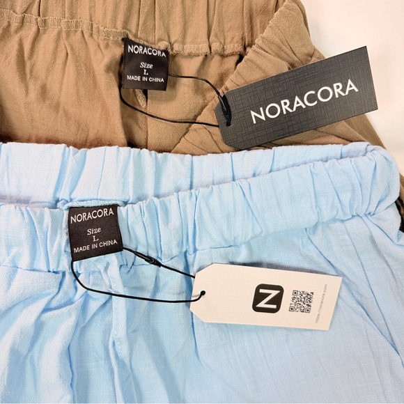 BUNDLE - NWT Noracora Womens L Cotton Linen Tan Blue Shorts Pockets - Picture 4 of 10